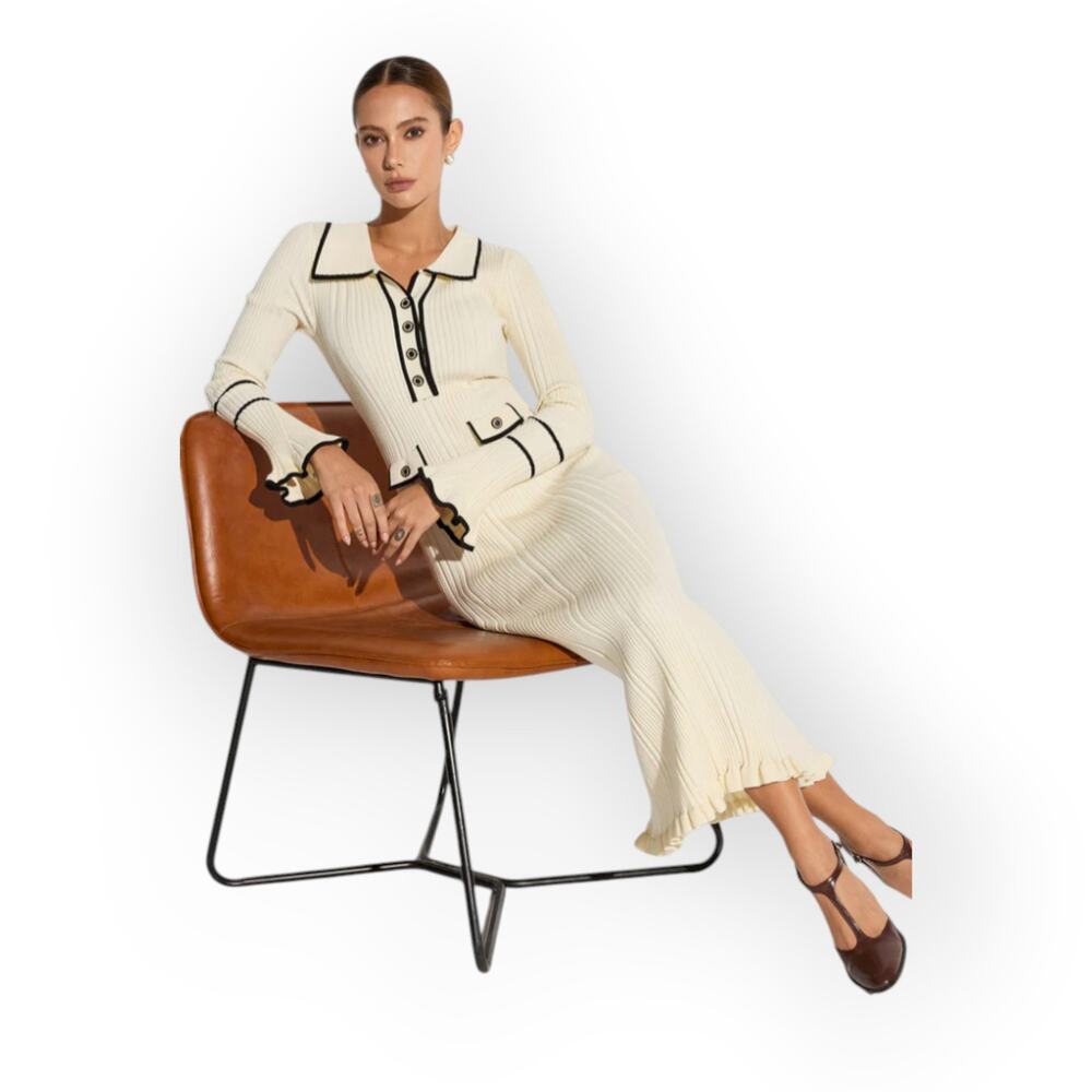 Commense Contrast Trim Ribbed Knit Button Maxi Dress Cream Black - Parisian Chic - Picture 2 of 9